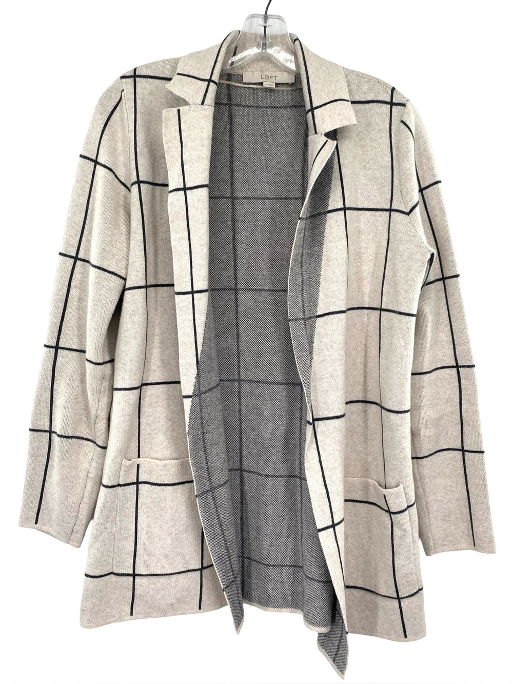Loft Plaid Open Front Knit Sweater Blazer Jacket Pockets Size Small